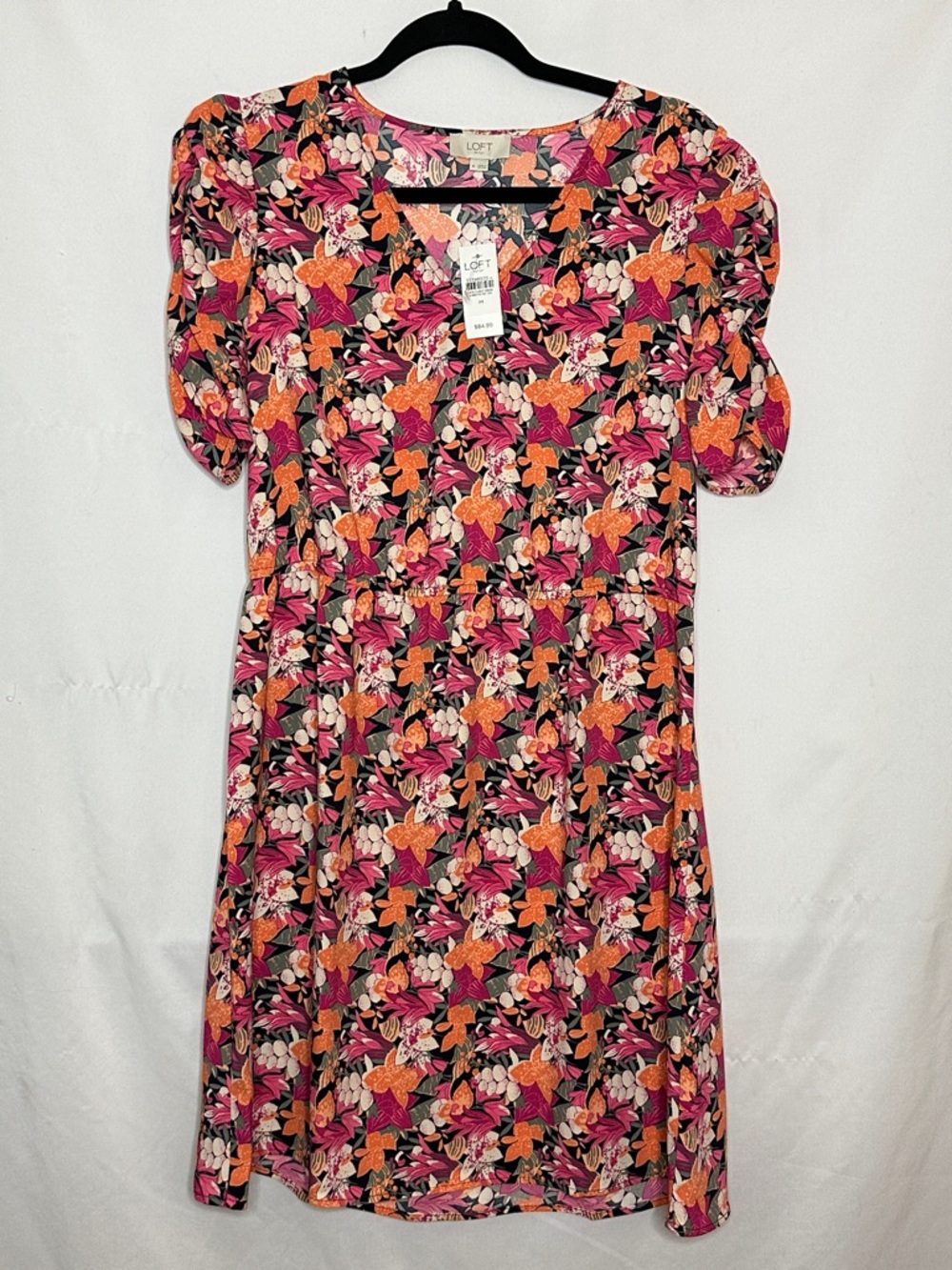 LOFT | Pink & Orange Floral Short Sleeve Midi Dress Size M
